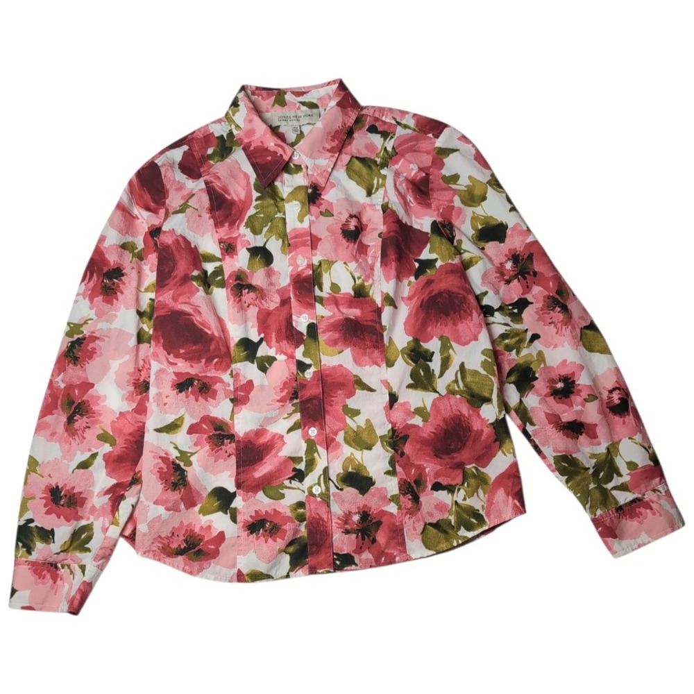 Jones New York Floral Button Down Shirt Womens PM 100% Cotton Roll Tab Office
